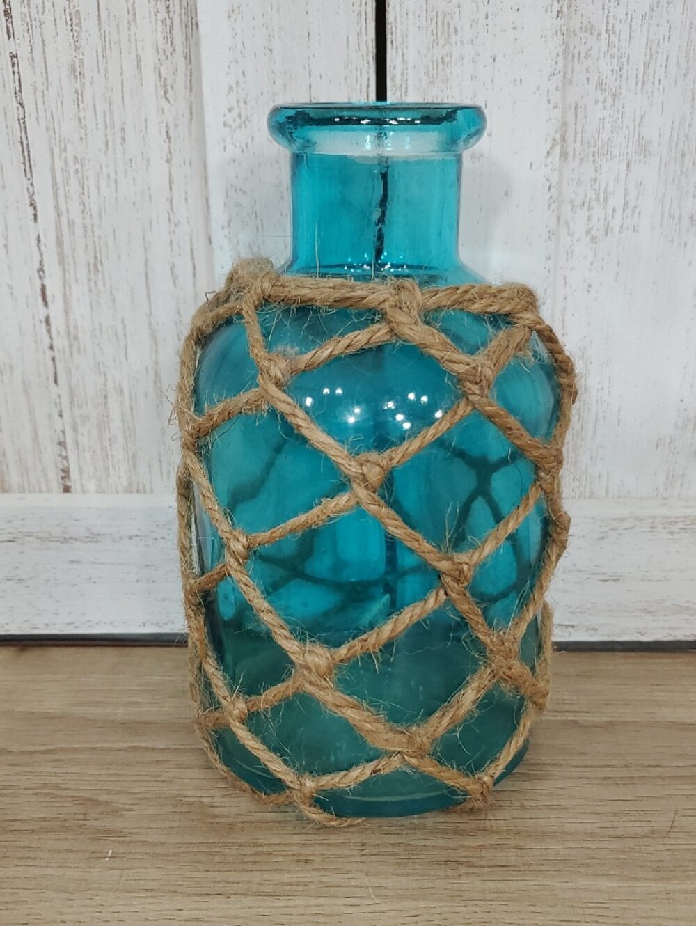 Teal Glass Vase Bottle with Rope Wrapped Netting